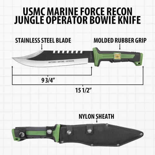 USMC Jungle Operator Bowie Knife with dimensions and sheath