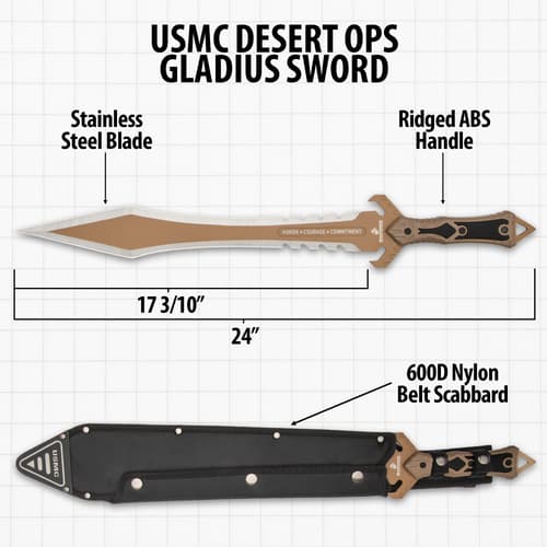 USMC Desert Ops Gladius Sword with sheath and specs