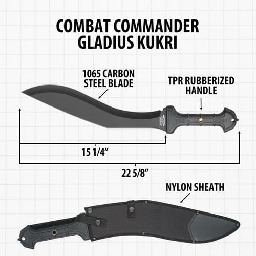 Diagram of Combat Commander Gladius Kukri with dimensions and sheath