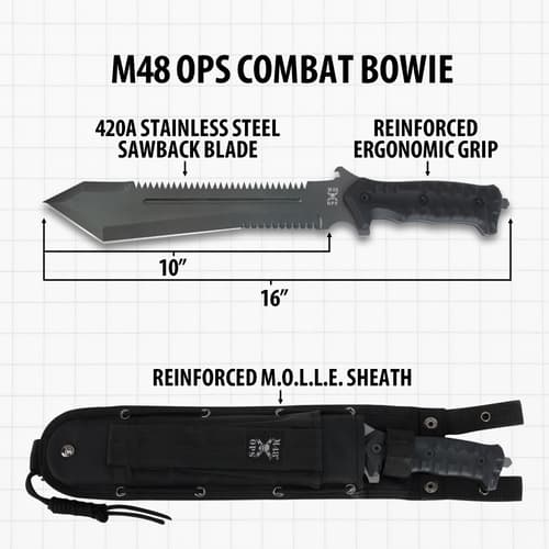 M48 OPS Combat Bowie with measurements and sheath details