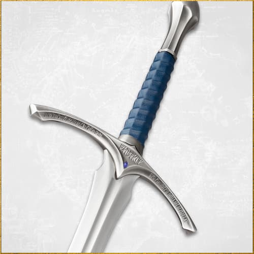 Close-up of sword hilt with blue grip and engraved details