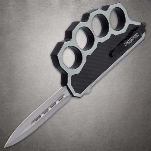 Angled view of knuckle knife with extended blade