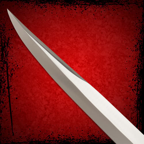 Close-up of Arabian Khyber Bowie Knife blade tip against red background