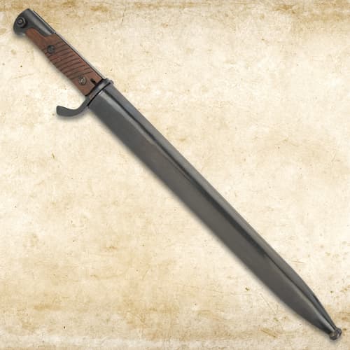 Bayonet in scabbard on textured background