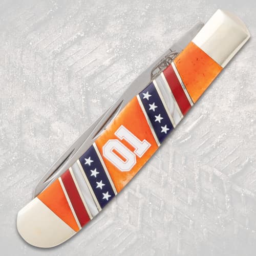 Closed pocket knife with orange handle and '01' design