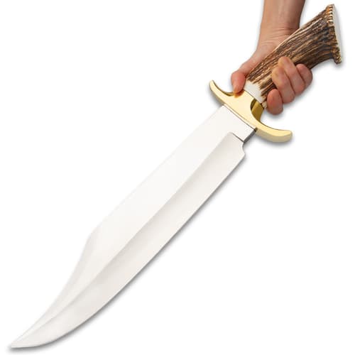 Timber Wolf King Stag Antler Crown Knife With Sheath - Stainless Steel Blade, Genuine Horn Handle, Brass Handguard - Length 22 1/2”