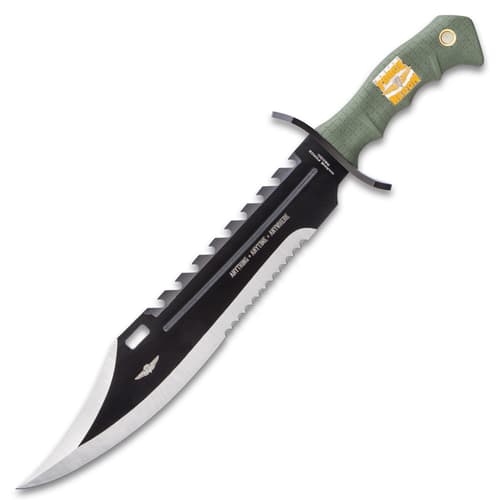 USMC Marine Recon Sawback Survival Giant Fixed Blade Bowie Knife - Durable Nylon Belt Sheath - Green Handle Black Blade Stainless Steel