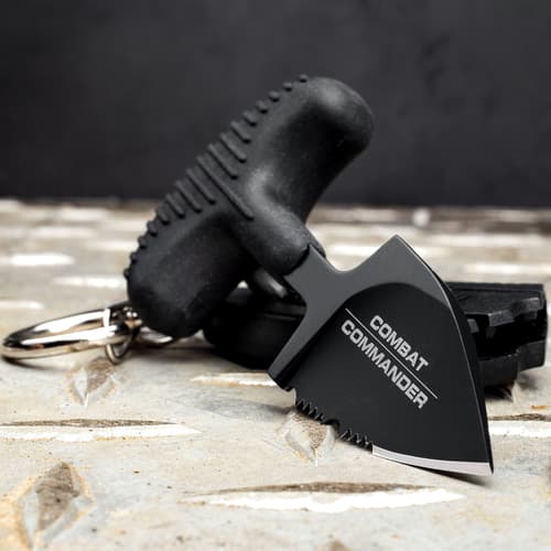 Combat Commander Mini Black Push Dagger - Sheath Has Keyring And Clip - Serrated Blade - 2 3/4” Length