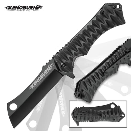 Xenoburn Assisted Opening Cleaver Pocket Knife - Black Titanium Coated Steel Blade, Textured TPU Handle, Pocket Clip, Lanyard Hole