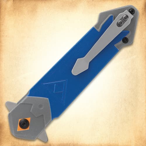 Back view of a blue pocket knife with a clip