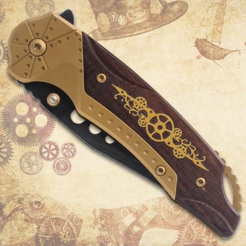 Folded steampunk knife with intricate gear design
