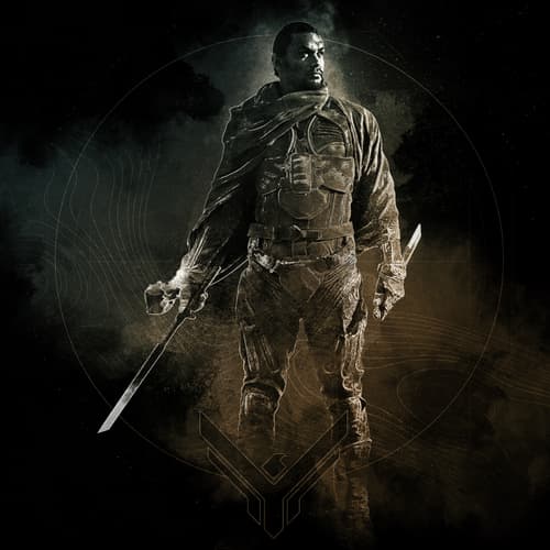 Armored character holding two blades in a dramatic pose