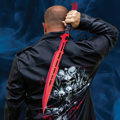 Person holding a red sword over shoulder, wearing a black jacket