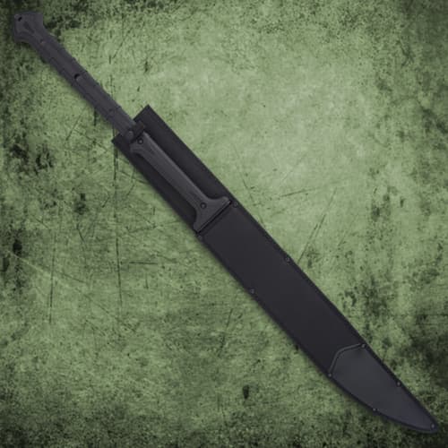 It has an extended, nylon fiber handle with a textured grip and it features a lanyard hole