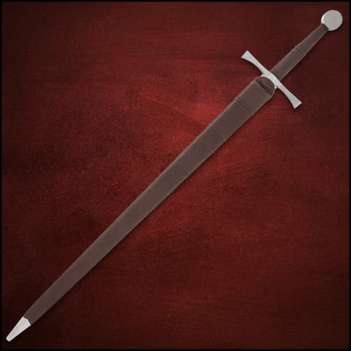 Sword in brown scabbard on red textured background