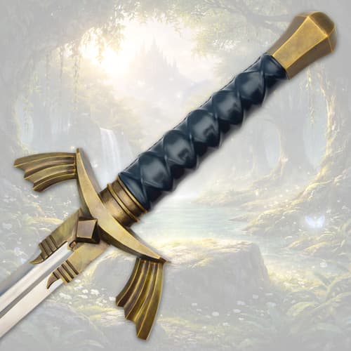 Sword handle with intricate design and brass accents in a forest