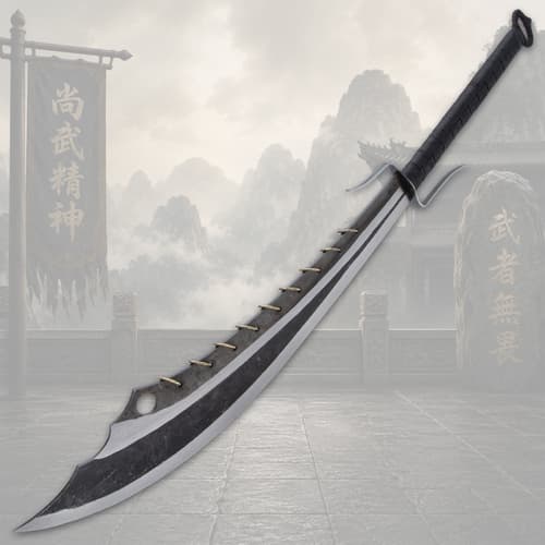 Full view of Chinese broadsword with mountain background