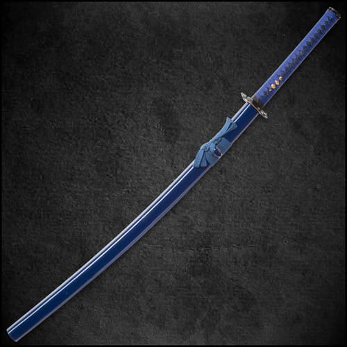 Shinwa Azure Sea Lily Handmade Katana - Hand Forged Blue 1045 Carbon Steel Blade, Blue Leather - Wooden Display Stand