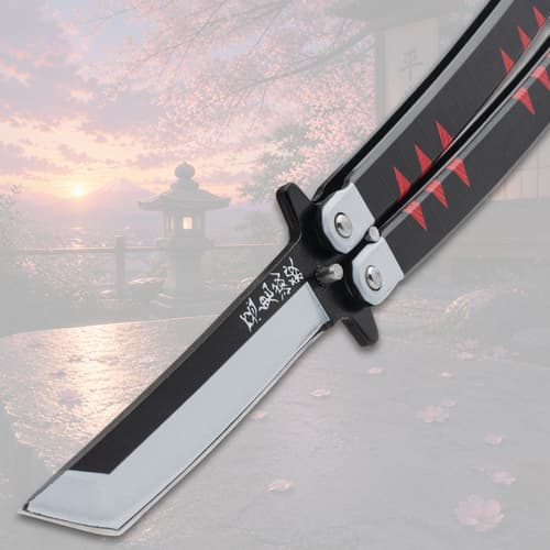 Close-up of butterfly knife blade with black handle, cherry blossom background