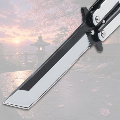 Close-up of butterfly knife blade with scenic background