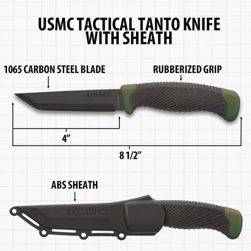 Diagram of USMC tactical tanto knife with sheath and measurements