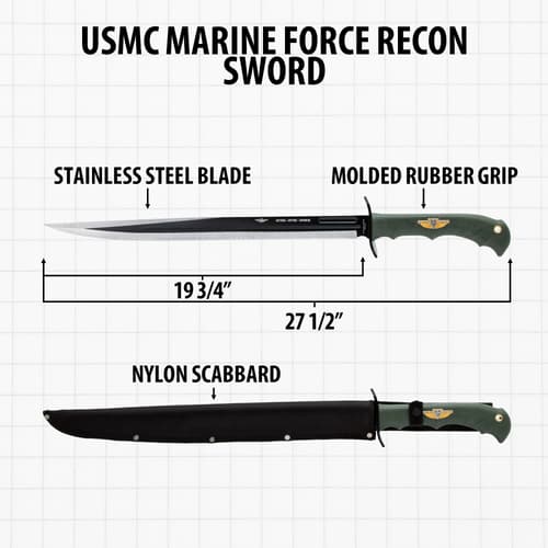 USMC Force Recon Sword with dimensions and nylon scabbard