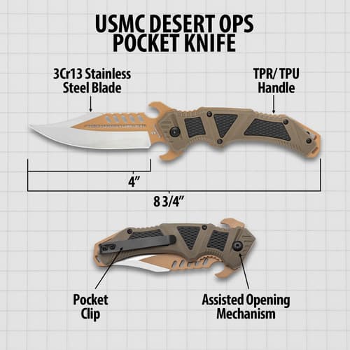 USMC Desert Ops Pocket Knife with specs and clip
