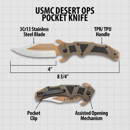 Diagram of USMC Desert Ops Pocket Knife with specs