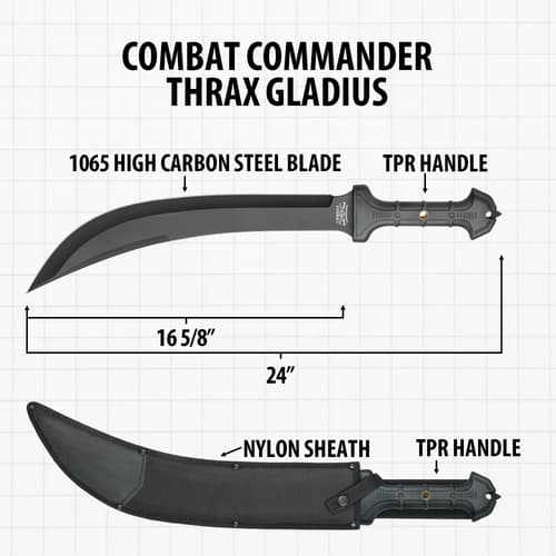 Diagram of Combat Commander Thrax Gladius with dimensions and sheath