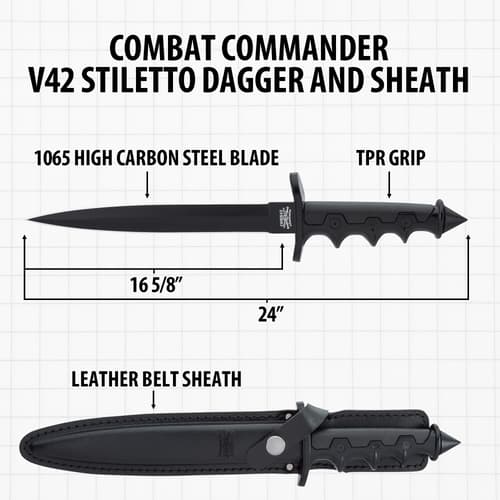 Diagram of Combat Commander V42 Stiletto Dagger with dimensions