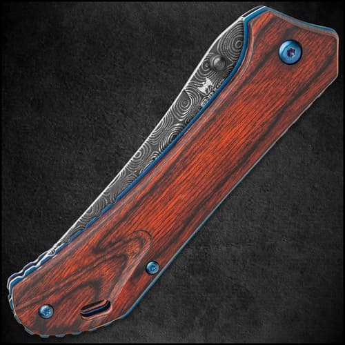 Shinwa Zhanshi Bloodwood Assisted Opening Pocket Knife - Stainless Steel Blade, Wooden Handle Scales, Blue Liners And Pocket Clip