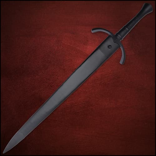 It has a sharp 30 4/5”, 1065 high carbon steel blade with a black finish, which extends from a polished black handguard