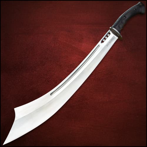 Honshu stainless steel sword held by the handle in downward angle to showcase the sharp carbon steel blade