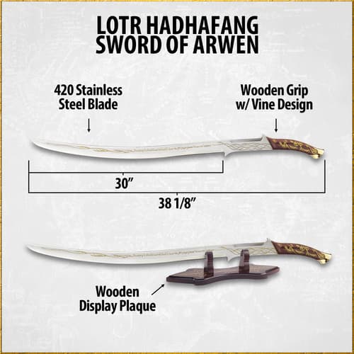 Graphic of Lord of the Rings Arwen Evenstar holding Hadhafang stainless steel sword on top of white horse