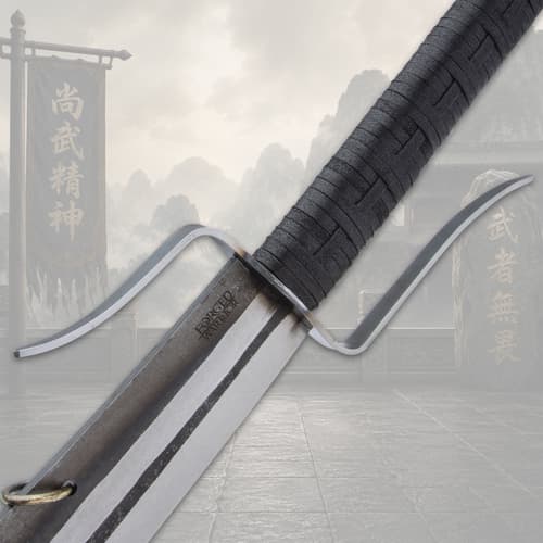 Close-up of sword guard and handle with mountain background