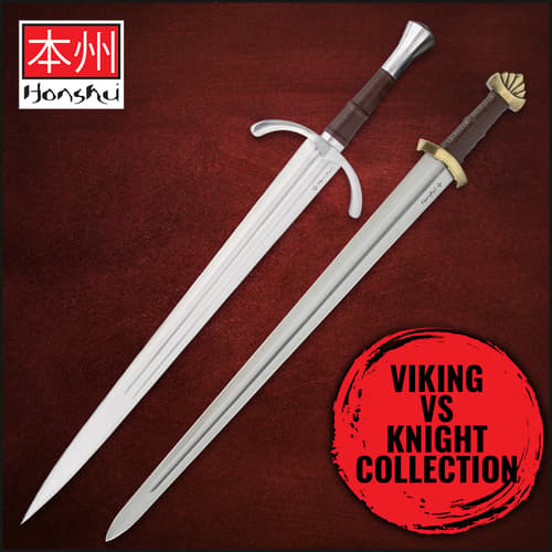 Two swords from the Viking vs Knight collection on a red background