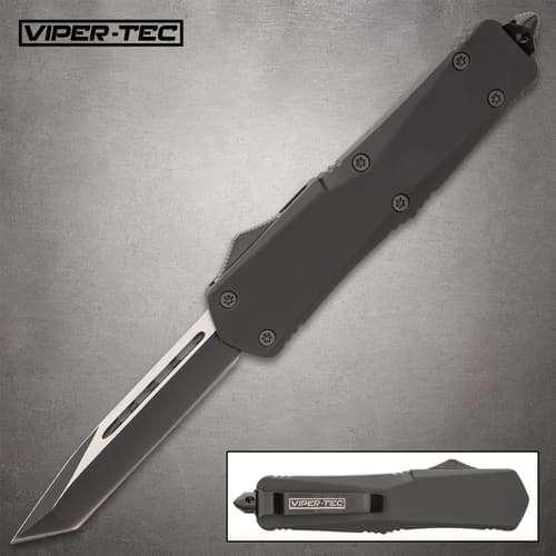 Viper Tec Ghost Series Black Tanto OTF Knife with open blade and logo