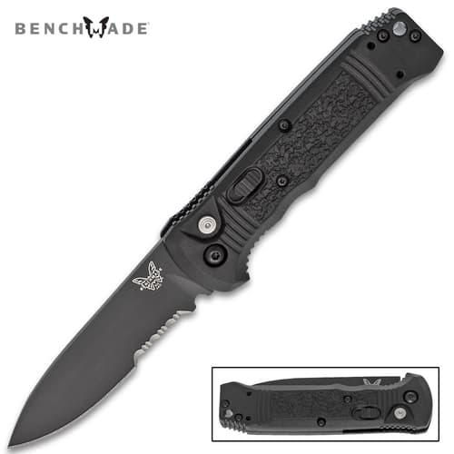 Black folding knife with textured handle and serrated blade