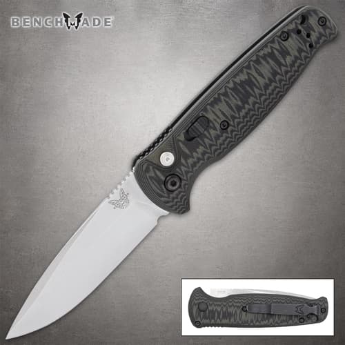 Benchmade knife with textured handle and open blade