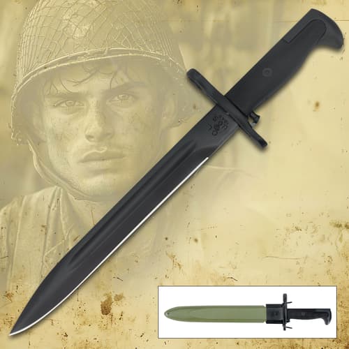 Black bayonet with soldier background and green scabbard inset