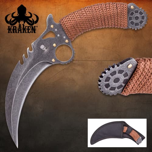 Curved karambit knife with paracord handle and gear accents