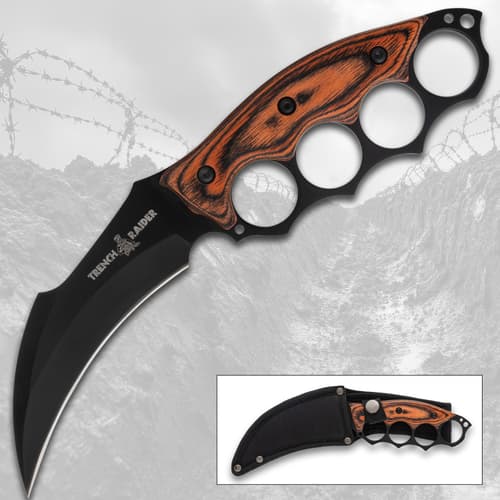 Curved knife with wooden handle and knuckle duster design