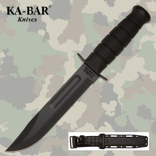 Black KA-BAR knife with sheath on camo background