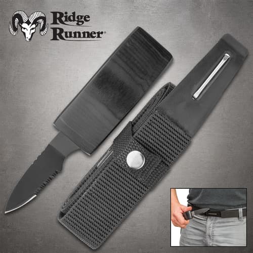 Black belt with hidden knife and sheath