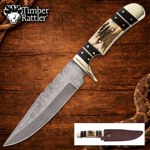 Damascus knife with stag handle on wooden background