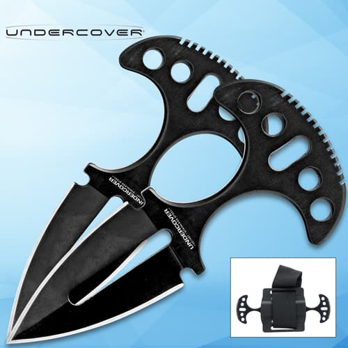 Black twin push daggers with sheath on blue background