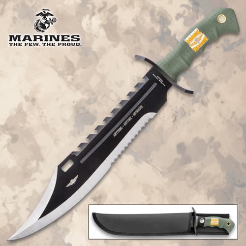 Bowie knife with green handle and sheath on textured background