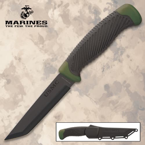 Black knife with USMC logo and green accents