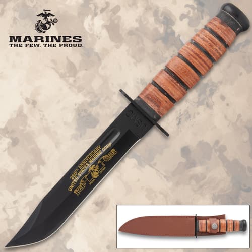 USMC 250th anniversary knife with leather handle and sheath