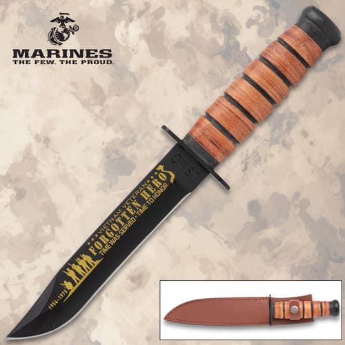 Commemorative knife with USMC logo and leather handle